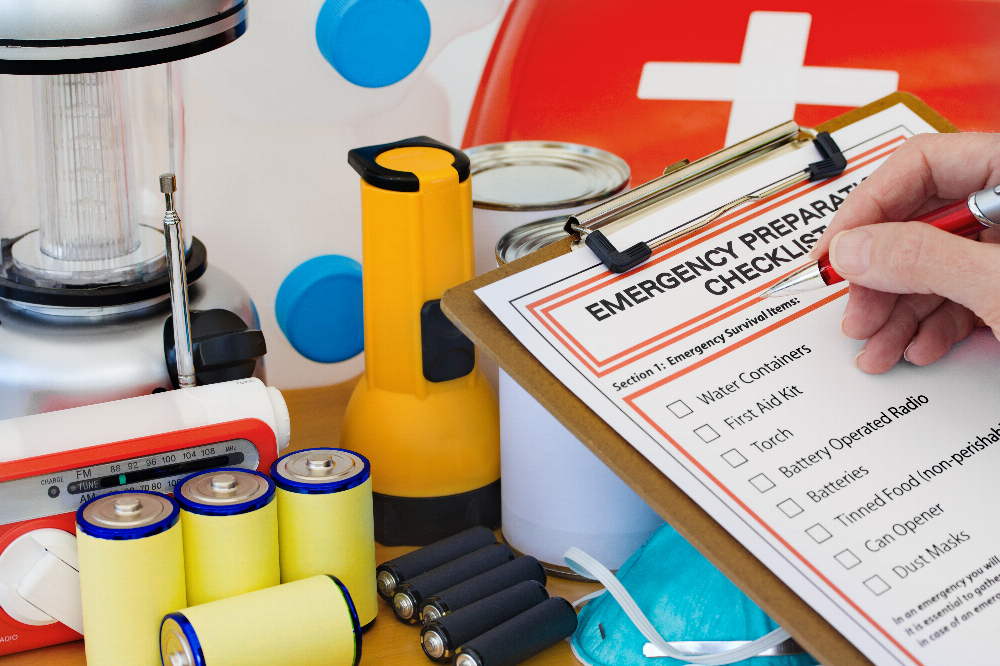 Photo of emergency supplies and checklist